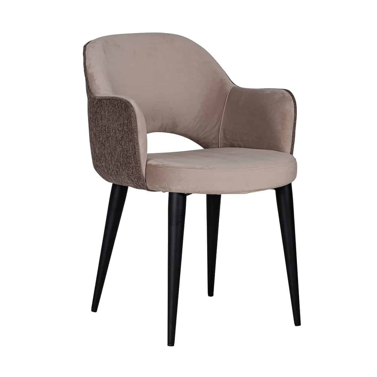 Chaise design avec accoudoirs pieds métal noir assise tissu taupe, gris